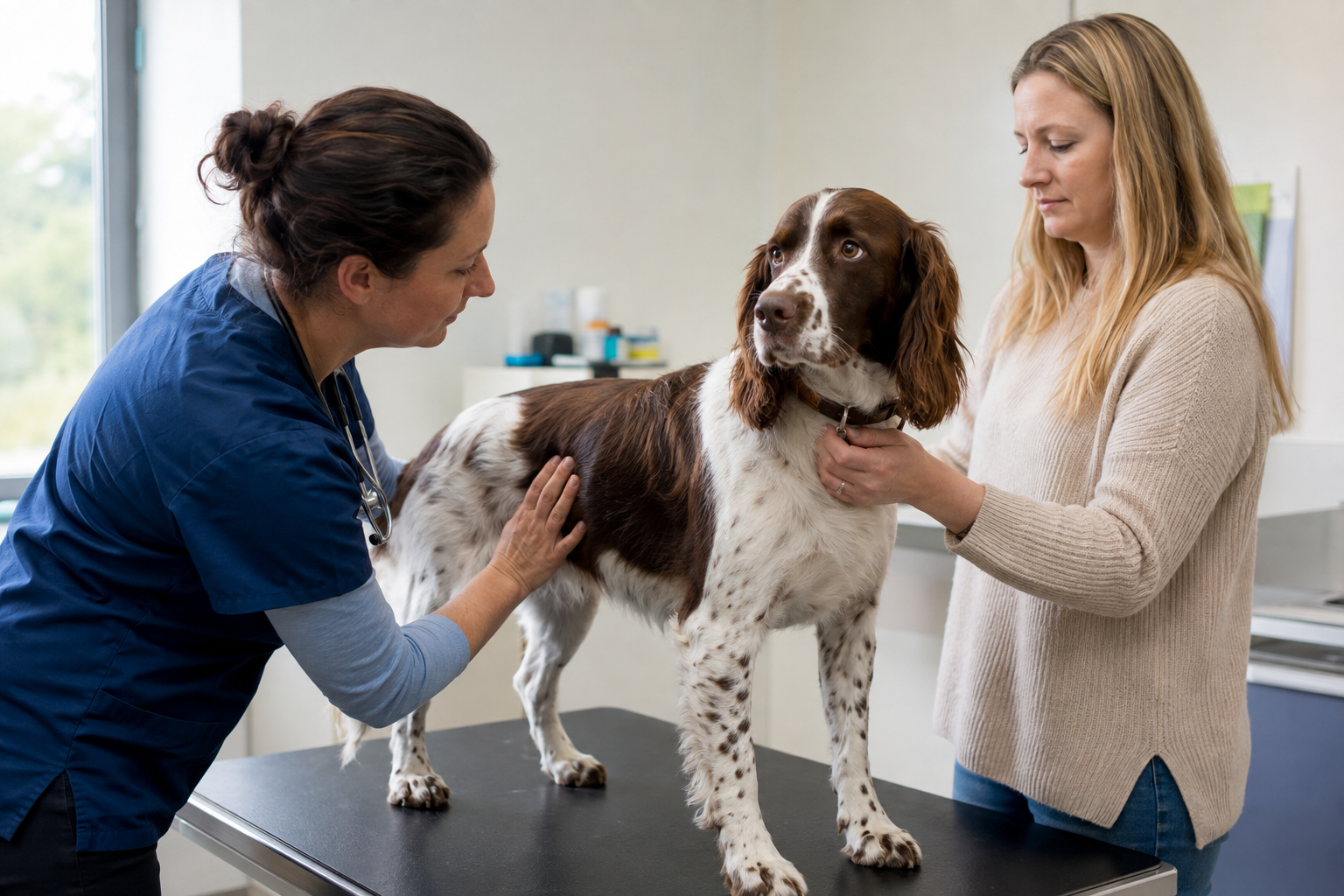 Veterinářka vyšetřuje psa po napadení jiným psem